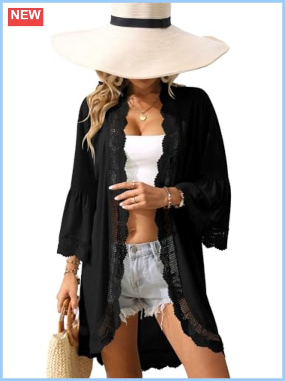 Women's Summer Cardigan 3/4 Ruffle Sleeve Kimono Lace Lightweight Open Front